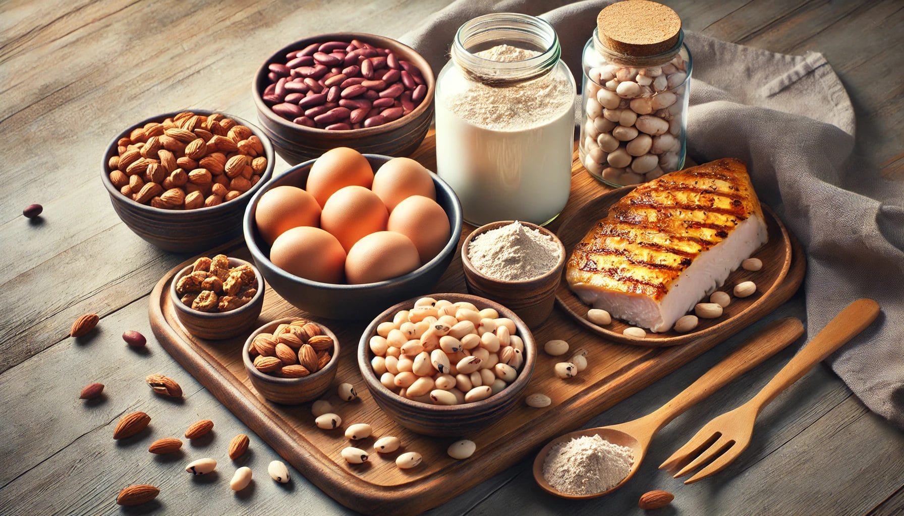 A high-quality, simple, wide image depicting a concept of protein consumption with various common protein sources. Display a clean, close-up shot of a bowl of eggs, grilled chicken breast, beans, nuts, and a scoop of protein powder on a wooden surface. Ensure all items appear natural and realistic, with no utensils or jars with lids in the composition. The scene should feel inviting and balanced, with natural lighting emphasizing the textures of each food. Keep the background neutral and minimalistic, focusing attention on the protein sources.